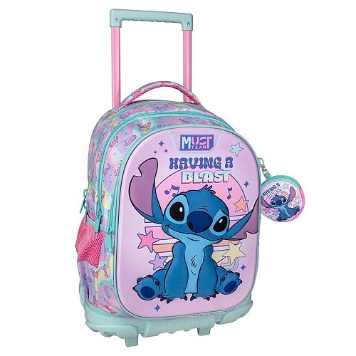 Must Team Disney Stitch Having A Blast Σχολική Τσάντα Τρόλεϊ Δημοτικού Ροζ με Θήκη για Παγούρι 30lt 565046