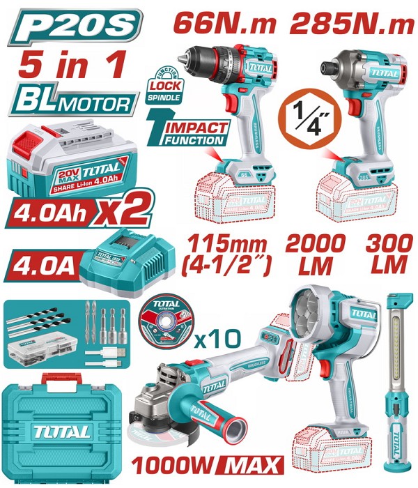 TOTAL ΕΠΑΓΓ. ΣΕΤ 5τεμ ΕΡΓΑΛΕΙΩΝ ΜΠΑΤ. Li-ion 20V / 4Ah / 2 ΜΠΑΤΑΡΙΕΣ (TOSLI250692E)