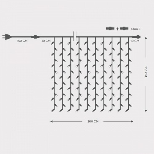 EUROLAMP ΚΟΥΡΤΙΝΑ, 200 LED 5mm ΜΕ ΚΑΛΥΜΜΑ, 230V, 3 ΕΠΕΚΤΑΣΕΙΣ ΕΩΣ 5 ΣΕΤ, ΠΡΑΣΙΝΟ ΚΑΟΥΤΣΟΥΚ ΚΑΛΩΔΙΟ, ΘΕΡΜΟ ΛΕΥΚΟ LED (H100 x W200cm, 20 ΓΡΑΜΜΕΣ x 10 LED), ΠΡΟΕΚΤΑΣΗ ΠΑΡΟΧΗΣ 1.5m, ΙΡ65 600-11116
