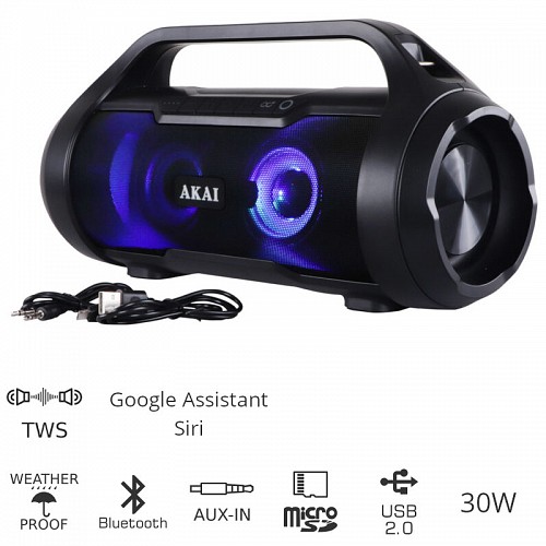 AKAI ABTS-50 ΑΔΙΑΒΡΟΧΟ ΦΟΡΗΤΟ ΗΧΕΙΟ BLUETOOTH ΜΕ TWS, USB, LED, MICRO SD ΚΑΙ AUX-IN - 30W