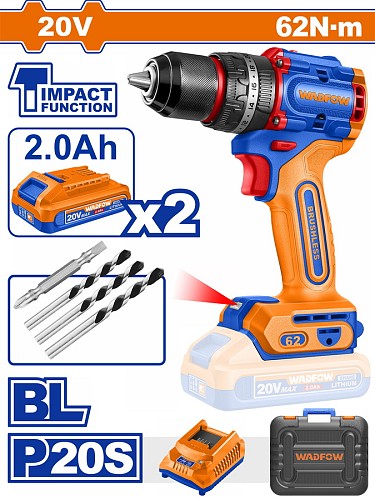 WADFOW ΔΡΑΠ/ΒΙΔΟ ΚΡΟΥΣΤΙΚΟ ΜΠΑΤ. Li-ion 20V / 62Nm / 2Ah / 2 ΜΠΑΤ BL Motor (WCDP6281E)