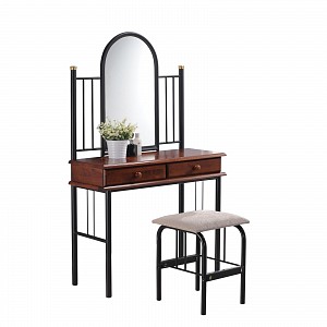 Woodwell FLORA SET Τουαλέτα με Καθρέπτη + Σκαμπό 2 Συρτάρια, Μέταλλο Βαφή Μαύρο, Ξύλο Καρυδί Ε-00011046 Ε8028
