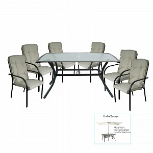 Woodwell ASTOR Set Τραπεζαρία Κήπου: Τραπέζι + 6 Πολυθρόνες Μέταλλο Ανθρακί, Γυαλί, Μαξιλάρι Μπεζ Ε-00016321 Ε5151,S1