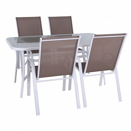 Woodwell RIO Set Τραπεζαρία Κήπου Άσπρο Μέταλλο, Textilene Cappuccino: Τραπέζι + 4 Πολυθρόνες Ε-00024111 Ε250,4L