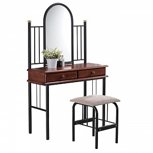Woodwell FLORA SET Τουαλέτα με Καθρέπτη + Σκαμπό 2 Συρτάρια, Μέταλλο Βαφή Μαύρο, Ξύλο Καρυδί Ε-00011046 Ε8028