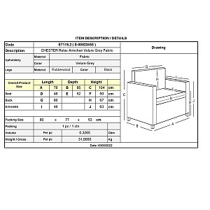 Woodwell CHESTER Relax Πολυθρόνα Μπερζέρα Σαλονιού, Καθιστικού Ύφασμα Velure Γκρι Ε-00023453 Ε7119,2