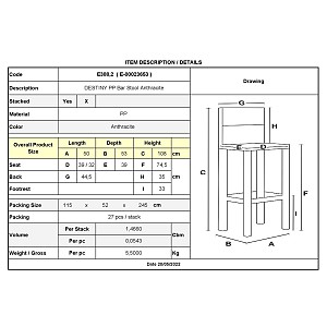 Woodwell DESTINY Σκαμπό BAR με Πλάτη, PP Ανθρακί Ε-00023653 Ε388,2