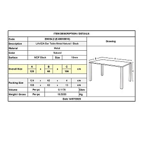 Woodwell LAVIDA Τραπέζι BAR Μέταλλο Βαφή Φυσικό, Μαύρο MDF Ε-00018810 ΕΜ154,2