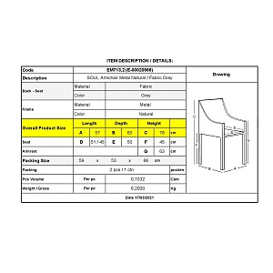 Woodwell SOUL Πολυθρόνα Τραπεζαρίας Σαλονιού - Κουζίνας, Μέταλλο Βαφή Φυσικό, Ύφασμα Γκρι Ε-00020566 ΕΜ713,2