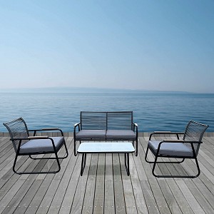 Woodwell ROCCO Set Σαλόνι Κήπου 4τεμ, Μέταλλο Μαύρο,RopeWicker Γκρι, Μαξιλ.Σκούρο Γκρι, Γυαλί Μαύρο Ε-00025916 Ε6873,1