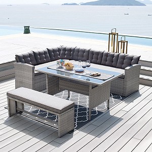 Woodwell CENTER Set Σαλόνι Καθιστικό - Γωνιακή Τραπεζαρία Κήπου, Μέταλλο-Wicker Γκρι+ Μαξιλάρια Ε-00019076 Ε6852