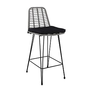 Woodwell SALSA Σκαμπό BAR-Pro με Πλάτη, Μέταλλο Βαφή Μαύρο - Wicker Γκρι, με Μαξιλάρι Μαύρο Ε-00026207 Ε252,21