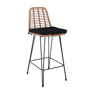 Woodwell SALSA Σκαμπό BAR-Pro με Πλάτη, Μέταλλο Βαφή Μαύρο - Wicker Φυσικό, με Μαξιλάρι Μαύρο Ε-00025849 Ε252,11