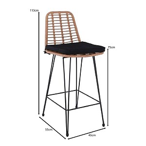 Woodwell SALSA Σκαμπό BAR-Pro με Πλάτη, Μέταλλο Βαφή Μαύρο - Wicker Φυσικό, με Μαξιλάρι Μαύρο Ε-00025849 Ε252,11